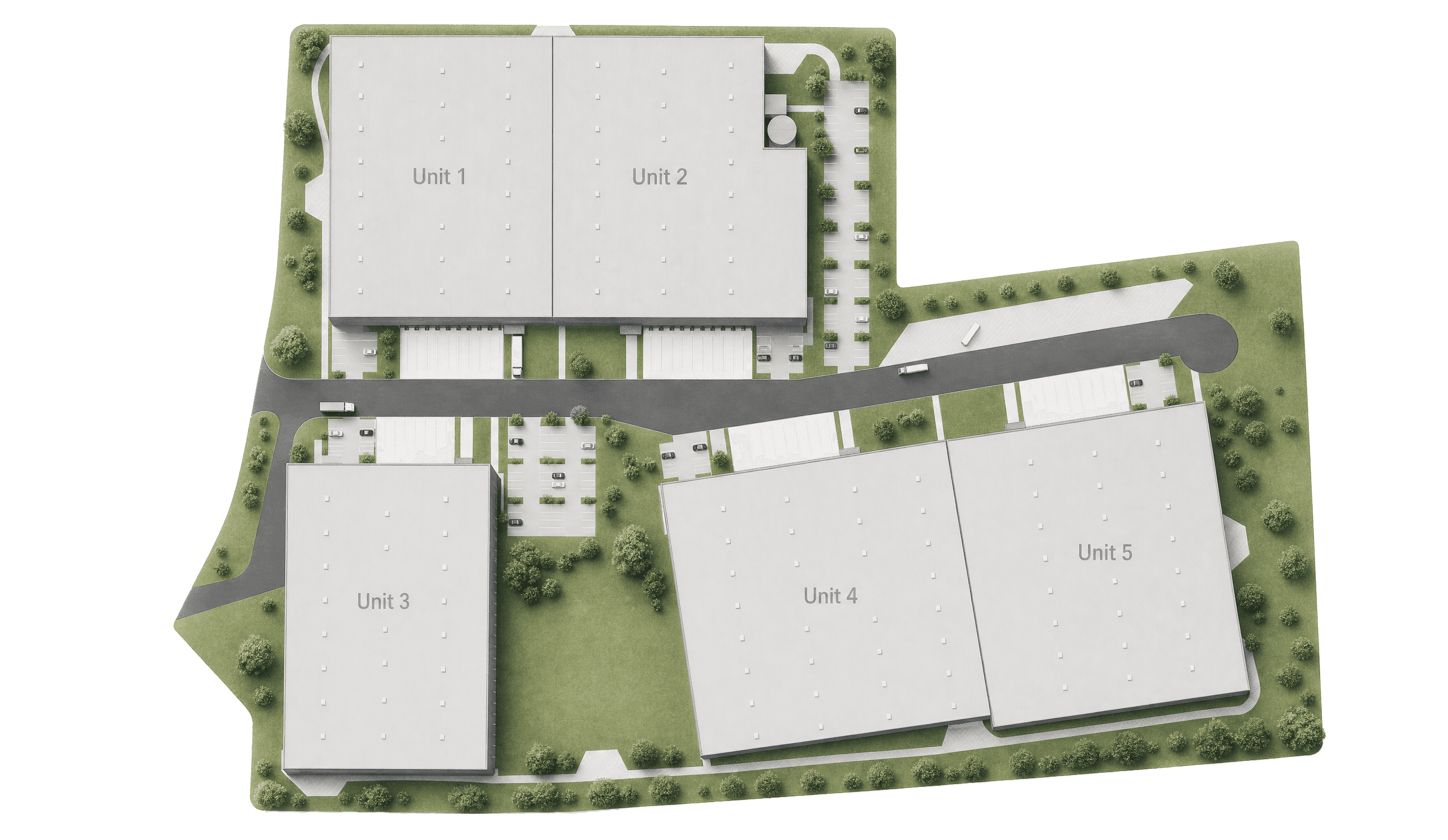 3D-Lageplan des Business Park Osnabrück mit drei Gebäuden und fünf Units